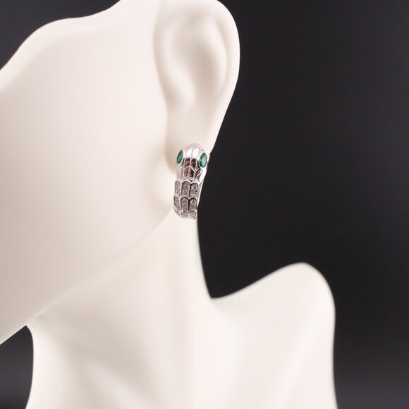 Women's Sterling Silver Serpent Hoop Earrings with Green CZ Eyes Huggie Style ** - Picture 8 of 11